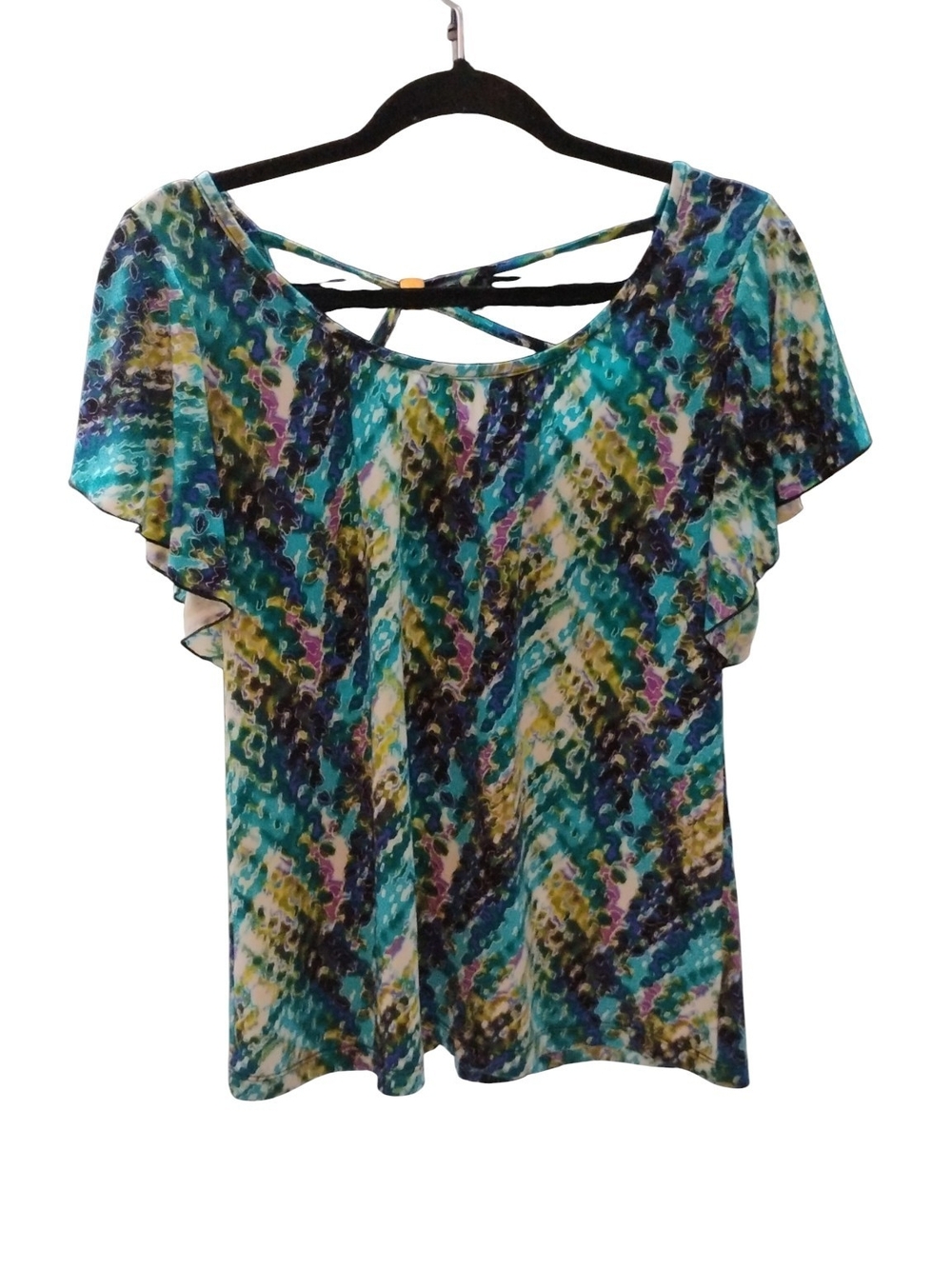 AB Studio Teal Multi-Color Flutter Sleeve Blouse SZ S
